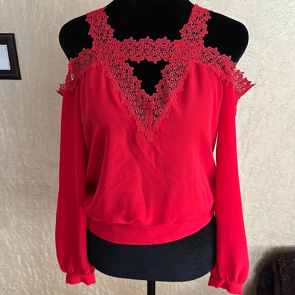 NWOT BEBE red chiffon and lace top